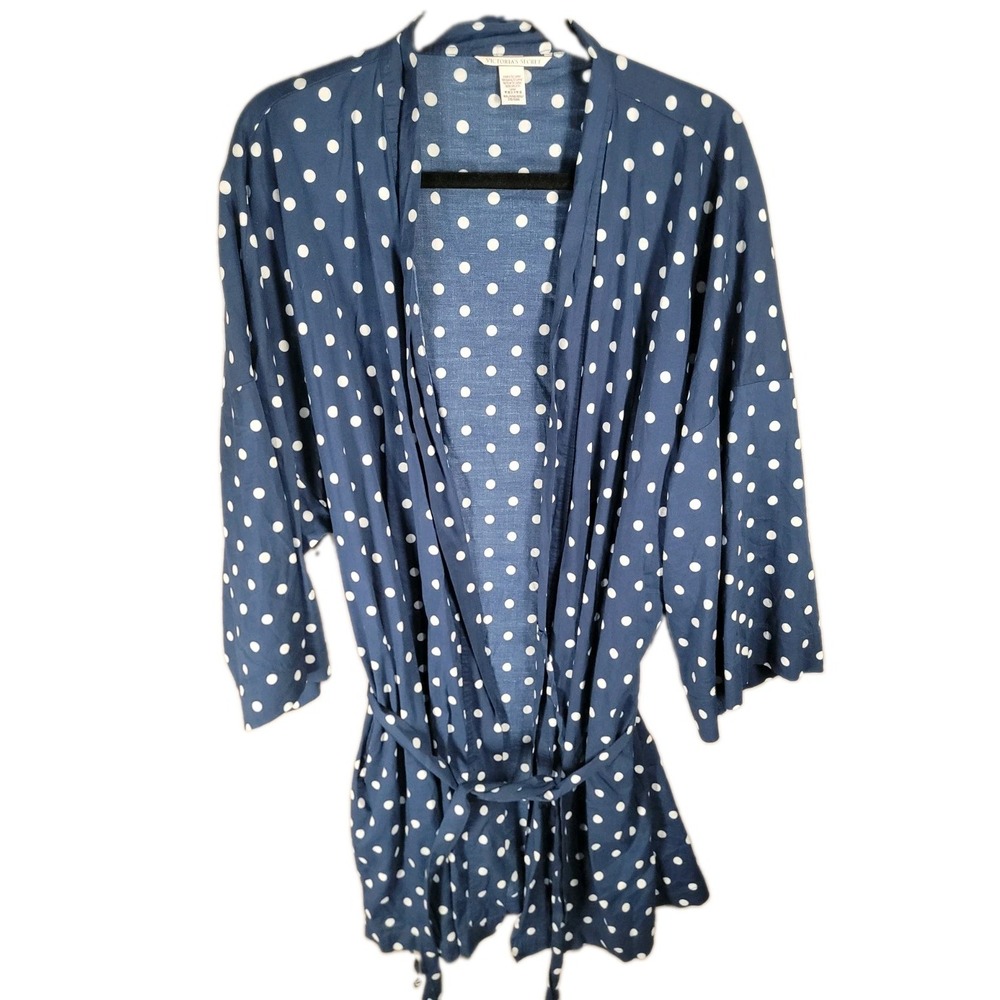Victorias Secret Kimono Robe Womens XXL Navy Polka Dot Short Belted Lounge Wrap